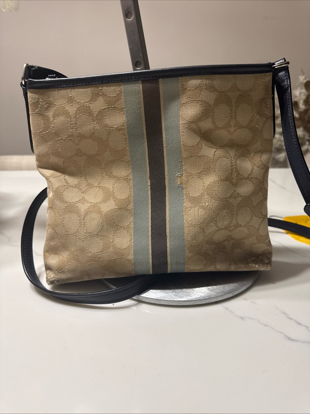 Coach Beige Signature Crossbody with Blue and Brown Stripe